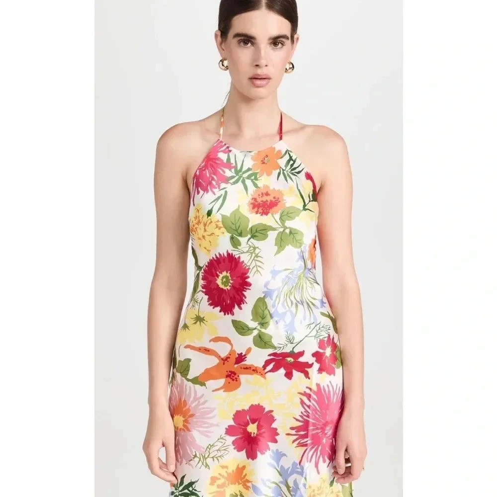 REFORMATION NWT Jennis Floral Silk Halter Mini Dress Low Back String Tie M - Picture 5 of 15